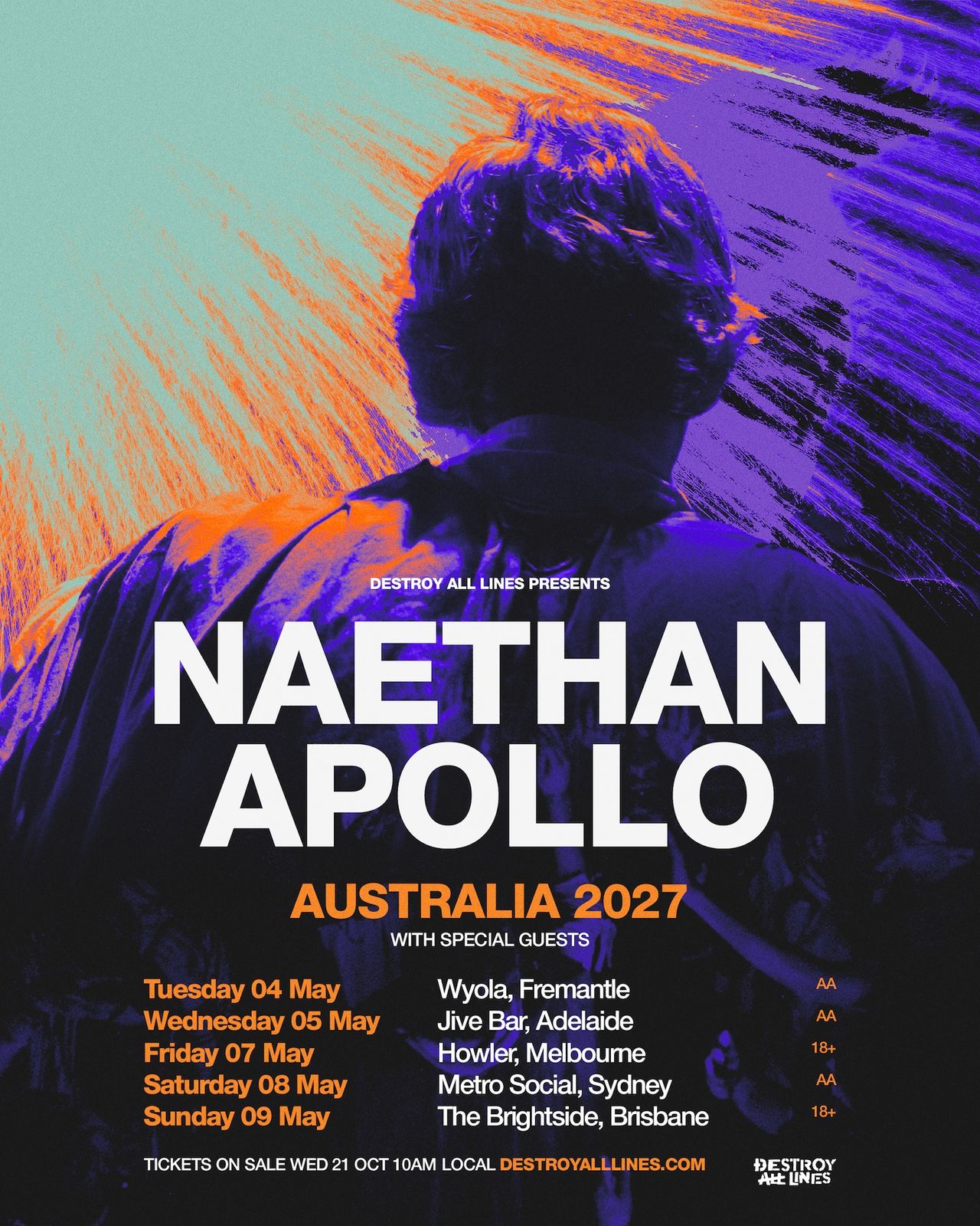 Naethan Apollo Australia 2027 tour poster featuring a silhouette of the artist against colorful background art with Australian concert dates.